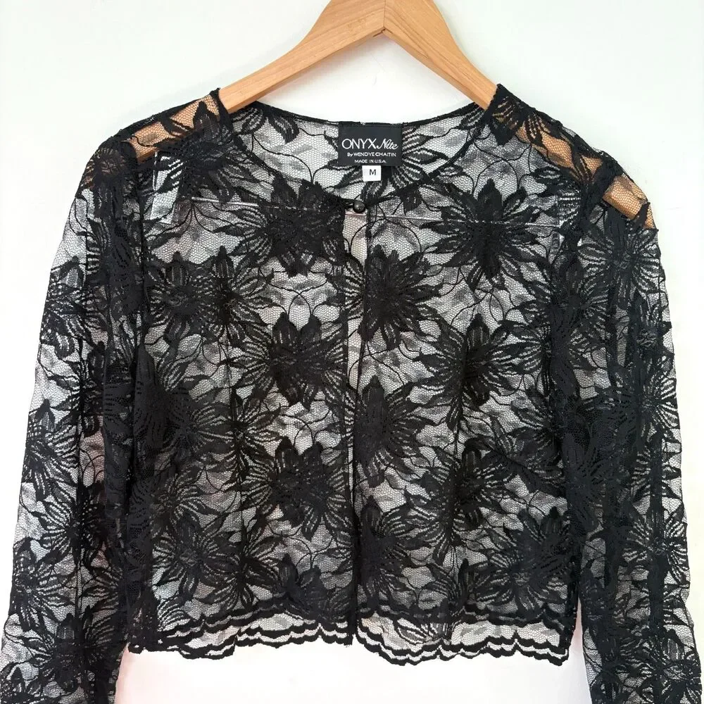 Onyx Nite VTG Black Sheer Lace Cropped Cardigan Top Sz M Goth Dark Romantic Alt